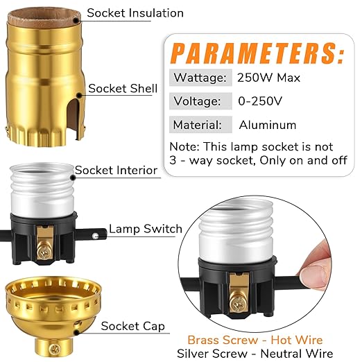 4 Pack UL Listed Lamp Socket with Push On/Off, E26 Threaded Base, Medium Screw Push Socket, Lamp Parts for Floor and Table Lamps, DIY Project, Gold