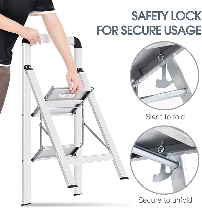 KINGRACK Aluminium 2 Step Ladder, Lightweight Step Stool with Non-Slip Pedals, Handrail, 330LBS Foldable Step Ladder for Kitchen, Garage, Home, Space Saving, Sturdy and Portable, Silver