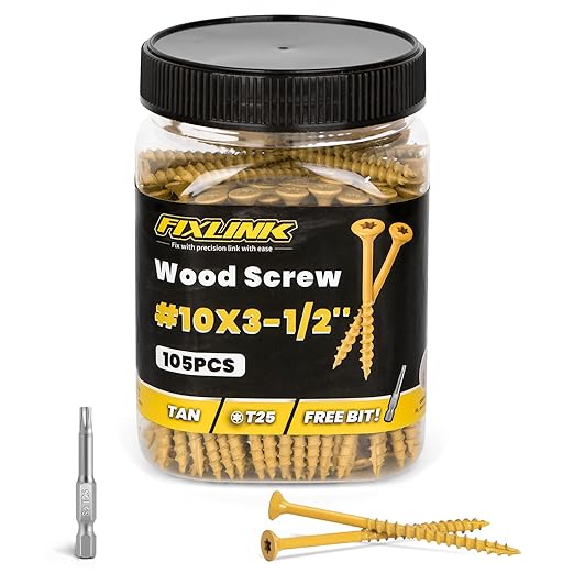Wood Screws 3-1/2 Inch, FIXLINK Deck Screws #10 x 3-1/2", 105 PCS, Epoxy Coated, T25 Star Bit Above 1500 Hour Salt Spray Coating Outdoor Decking Screws Excellent Rust Resistant for Wood Fence, Tan