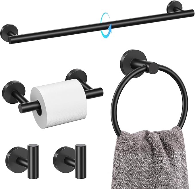 TQKAG Matte Black 5 Piece Bathroom Hardware Accessories Set 23.6" SUS304 Stainless Steel Bathroom Towel Bar Holder Sets Double Post Pivoting Toilet Paper Holder Set Wall Mounted