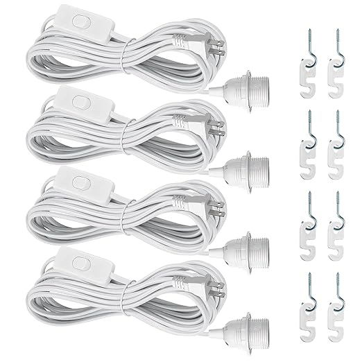 Plug in Pendant Light Cord Kit - 16Ft Light Bulb Socket with Cord E26/E27 Hanging Lantern Lamp Cable with Switch,Socket Rings, 4 Pack, White