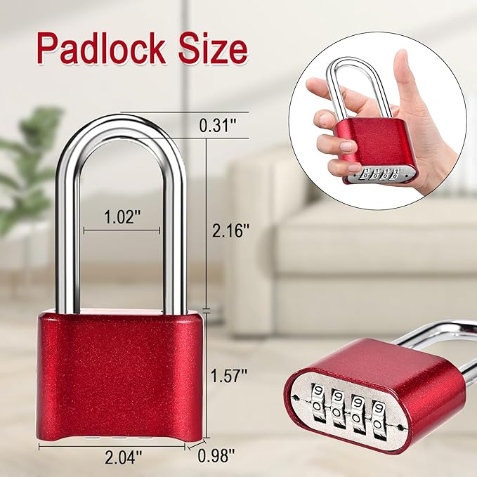 Combination Lock, 4-Digit Heavy Duty Combo Lock, Combination Padlock Outdoor Waterproof Gate Locks for Outdoor Fence, Locker, Sheds, Gym, Gate Hasps (Long Shackle) (2pcs-Red)