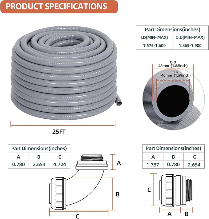 Liquid-Tight Conduit 1-1/2 inch 25ft, Electrical Conduit w/UL Certification, Flexible Conduit with 5 Straight and 5 90-Degree Conduit Connector Fittings Gray