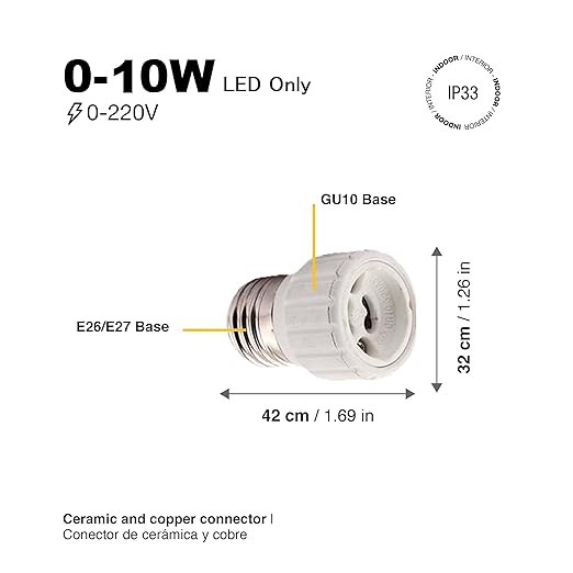 E26 to GU10 Adapter Edison Screw Socket to GU10 Bayonet Base Adapter, Ceramic Socket Converters for LED Bulb, LED Spot Light, 10W - 6 Pack
