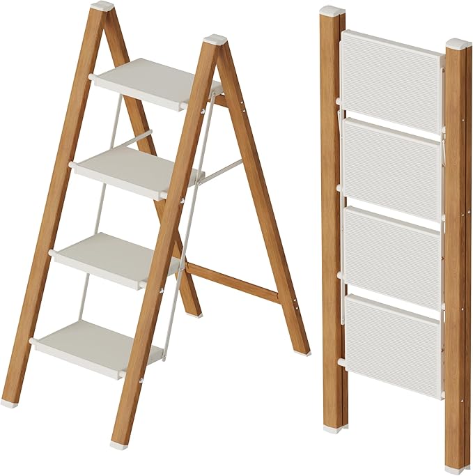 4 Step Lightweight Aluminum Folding Ladder, Portable Step Stool with Anti-Slip Pedals, 330 lbs Capacity for Home, Office, Kitchen(White&Woodgrain)