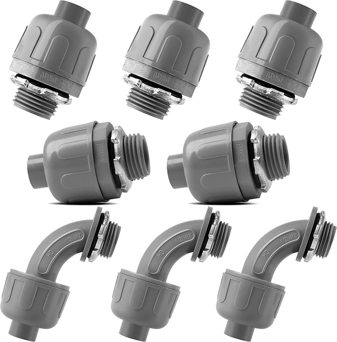 1/2-Inch Electrical Conduit Connector Kit,8-Pack Nonmetallic Plastic Liquid Tight Connector with 5 Straight,3 90 Degree Angle Fittings