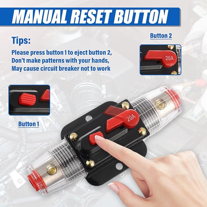 BOJACK 20A Audio Inline Circuit Breaker Reset Fuse Holder 12-24V DC Manual Reset Fuse Holder 3-15 AWG Overload Protection for Car Audio Sound Amplifier System RV Marine Boat Truck Solar Inverter
