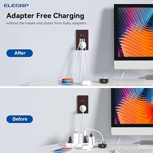 ELEGRP USB Outlets Receptacles, 3-Port Wall Outlet, 30W 6.0A Electrical Outlet, 15 Amp Tamper-Resistant Outlet with Type C Ports, UL Listed, Wall Plate Included, 10 Pack, Matte Brown