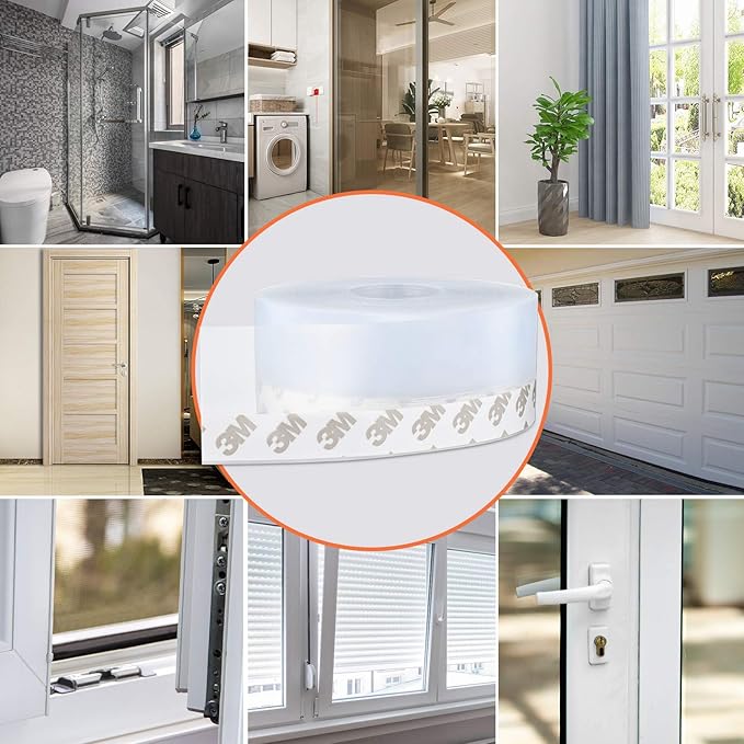 26 Feet Silicone Seal Strip, Door Weather Stripping Window Sealing Tape for Draft Stopper Adhesive Doors Windows and Shower Glass Gaps (Transparent, 25MM)