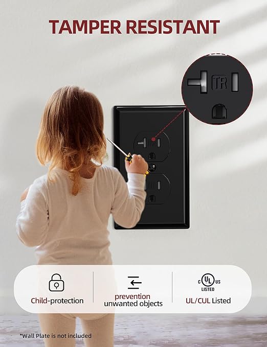 AIDA 20 Amps Outlets Duplex Electrical Receptacle Outlets,Tamper Resistant,Heavy-Duty Receptacle Wall Outlet,Residential,TR,3-Wire, Self-Grounding Clip, NEMA 5-20R,UL Listed (50 Pack, Black
