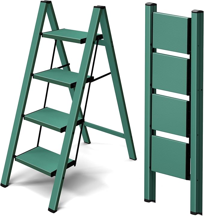 Taranta 4 Step Ladder,Aluminum Lightweight Folding 4 Step Stool with Anti-Slip Wide Pedal,330lbs Capacity Step Ladder for Household,Kitchen,Office - Green