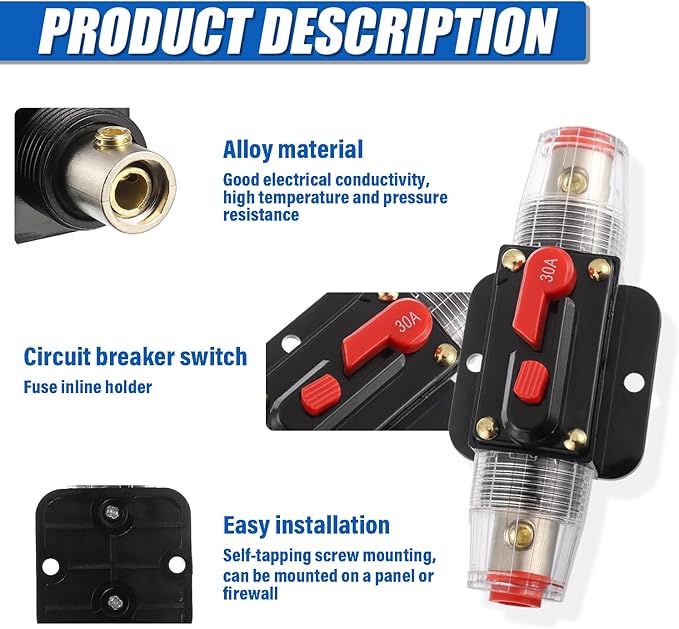 BOJACK 30A Audio Inline Circuit Breaker Reset Fuse Holder 12-24V DC Manual Reset Fuse Holder 3-15 AWG Overload Protection for Car Audio Sound Amplifier System RV Marine Boat Truck Solar Inverter