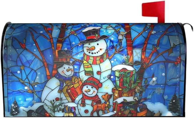Winter Snowman Mailbox Cover - Christmas Stained Glass Holiday Wrap - Xmas Decorations Happy New Year - Magnetic Oversized 25.5 x 21