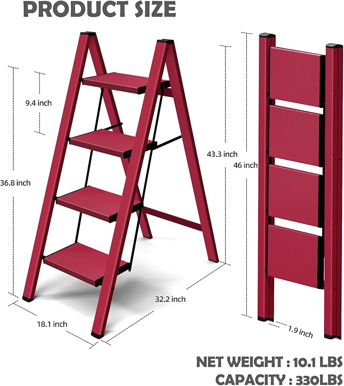Taranta 4 Step Ladder,Aluminum Lightweight Folding 4 Step Stool with Anti-Slip Wide Pedal,330lbs Capacity Step Ladder for Household,Kitchen,Office - Red