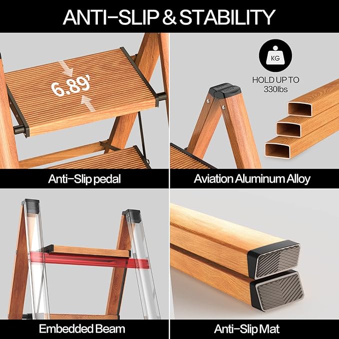 GameGem 4 Step Ladder, Aluminum Folding Step Stool with Anti-Slip Sturdy and Wide Pedal, Lightweight Portable Stepladder for Home and Kitchen Use, Woodgrain, 330 lbs