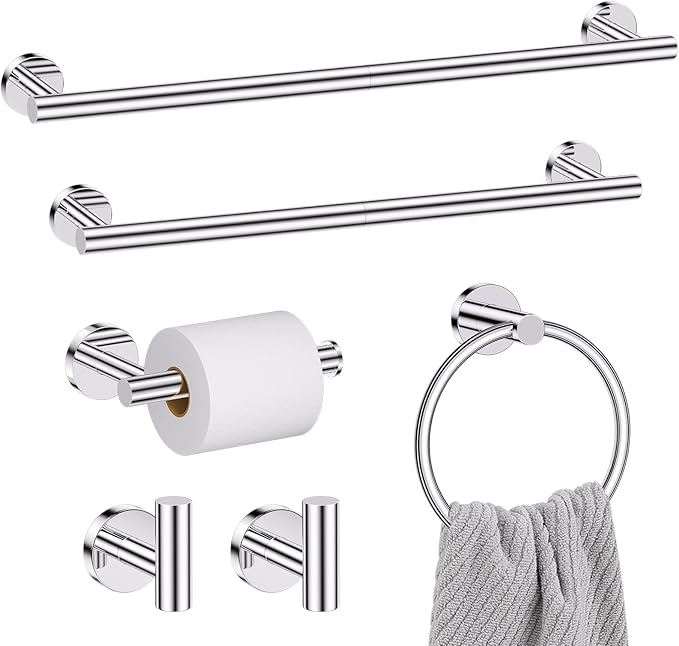Chrome Bathroom Hardware Set, 6 Pieces Towel Bar Towel Holder Set Includes 19.68/23.6in Towel Bar, Toilet Paper Holder,Towel Ring and Towel Hook Wall Mount Bathroom Accessories Set