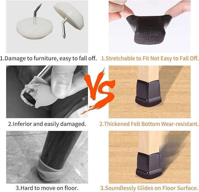 Ezprotekt 24 Pcs Square Chair Leg Floor Protectors with Felt, Silicone Felt F for Hardwood Floor, Dining Table Leg Caps Covers No Scratches (L Fit: 1" - 1.4", Dark Brown)