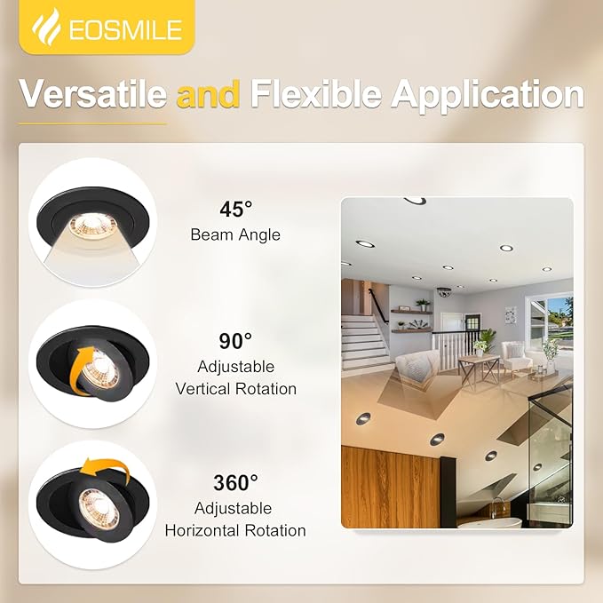 4 Inch 6 Pack Black Gimbal LED Recessed Lighting, 360°&90°Adjustable Eyeball Directional Wafer Light,Downlight, Dimmable, 12W 1100LM CRI90+, 2700K 3000K 3500K 4000K 5000K 5CCT, ETL&FCC
