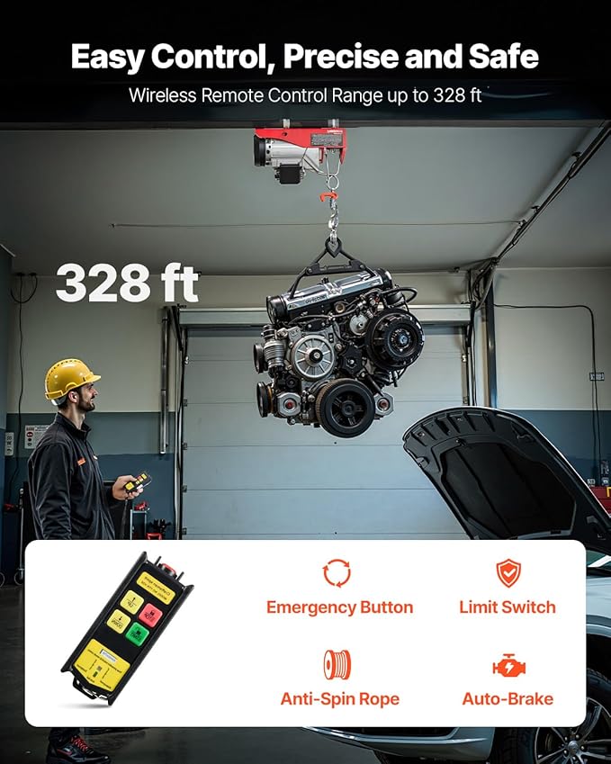 VEVOR 1320lbs Wireless Electric Hoist, 1150W 110V Electric Steel Wire Winch with Wireless Remote Control, 40ft Single Cable Lifting Height & Motor, for Garage Warehouse Factory