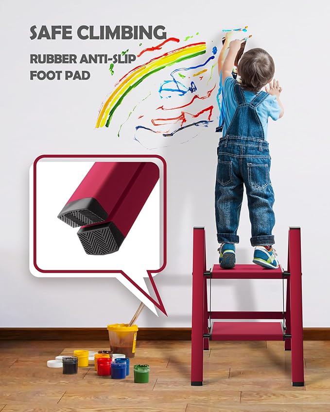 Taranta 2 Step Ladder,Aluminum Lightweight Folding 2 Step Stool with Anti-Slip Wide Pedal,330lbs Capacity Step Ladder for Household,Kitchen,Office - Red