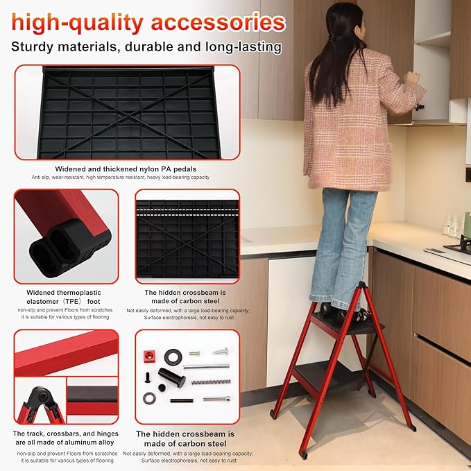2 Step Ladder,Aluminum Ultra Thin Folding Step Stool,400 Lbs Capacity Heavy Duty with Anti-Slip Sturdy and Wide Steps,Closet Slim Step for Home,Kitchen and Office,Space Saving (Red, 2-Step)