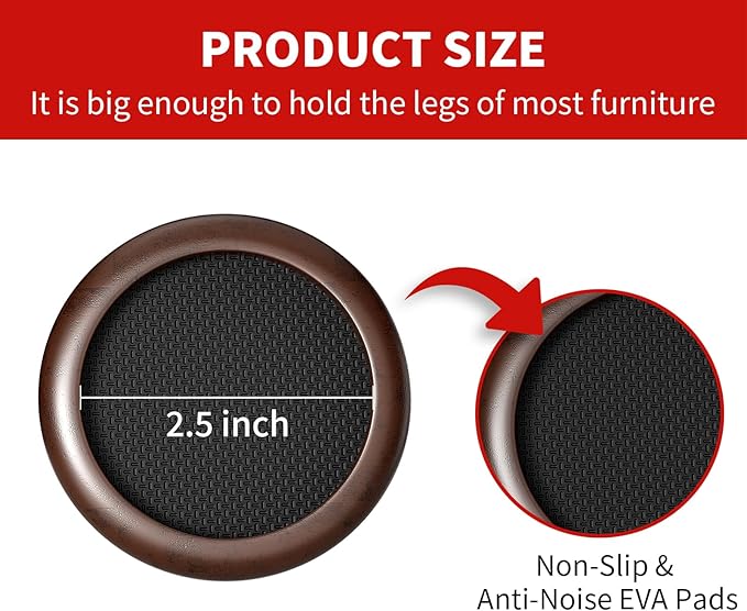 Ezprotekt 2.5 inch Non Slip Round Wood Furniture Pads for Hardwood Floors, 8 Pcs Anti Slip Furniture Coaster for Chair Sofa Bed Couch, Furniture Cups with Anti-Slide EVA Anti-Scratch (Dark Brown)