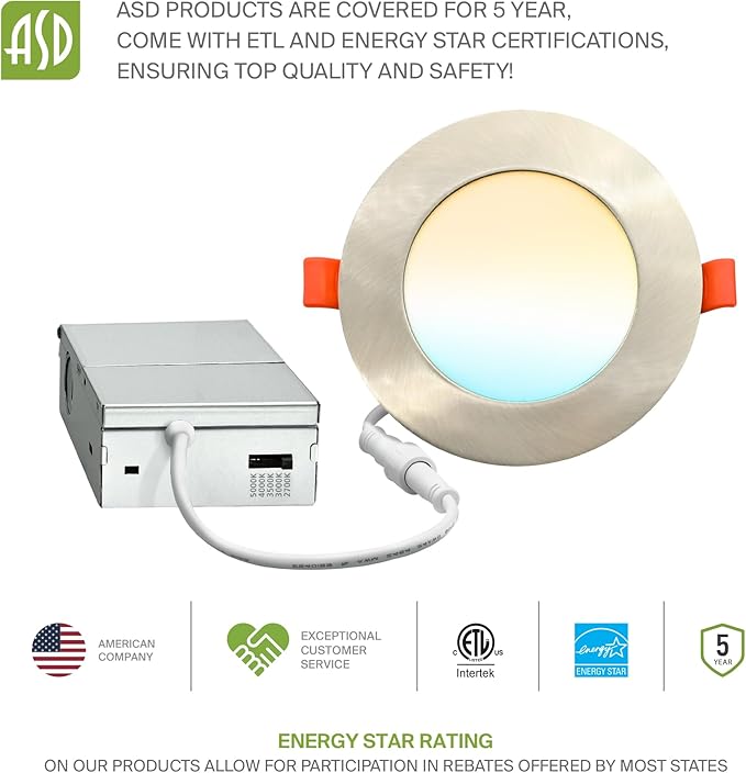 ASD 6 Pack LED Recessed Lighting 4 Inch 9W, 5 CCT 2700K-5000K CRI90+, IC Rated Ultra Thin Dimmable Ceiling Lights with J Box, Canless Wafer Downlight, Round Slim Panel Light, Energy Star ETL, Nickel