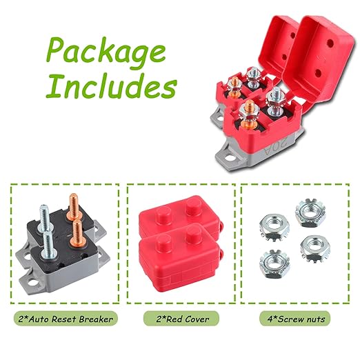 20A 12V-24V Automatic Reset Circuit Breaker with Cover Stud Bolt for Battery Chargers Trucks Car Engines and More(2pcs)