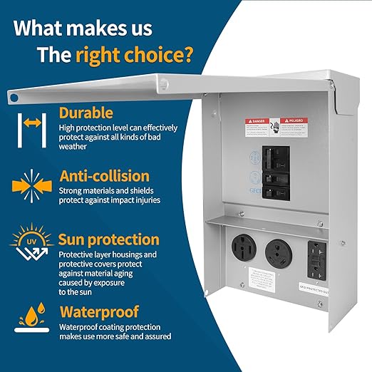 RV Electrical Outlet Panel with Breaker Temporary Power Outlet Panel RV Circuit Breaker Box with 20,30,50-Amp Receptacle Installed Weatherproof RV Power Outlet Box