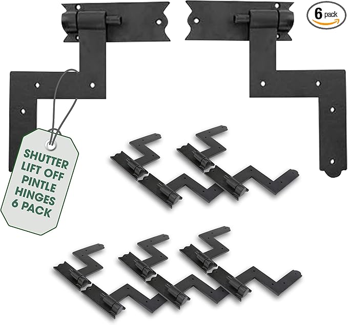 Renovators Supply Manufacturing - Heavy-Duty Black Wrought Iron Shutter Lift Off Pintle Hinges Colonial Pin Reversible for Doors, Window and Shutters with Hardware 6 1/2 Inches, Pack of 6 Pairs