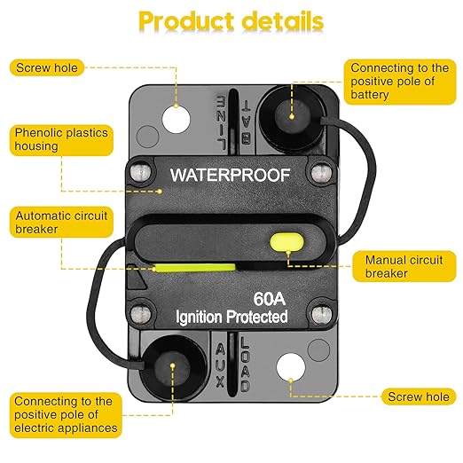 60 Amp Circuit Breaker, Huazu Inline Fuse Inverter with Manual Reset for Car Audio RV ATV Marine Boat Truck Trolling Motors 12V- 48V DC Water Proof (Surface Mount-60A)