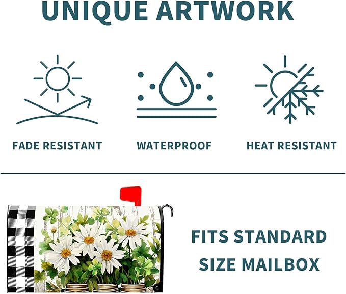 Buffalo Plaid Daisy Magnetic Mailbox Cover - Spring Summer Floral Farmhouse Welcome - Standard Size 25.5 x 21 Inch Waterproof Post Box Wraps for Garden Yard Decor Outdoor