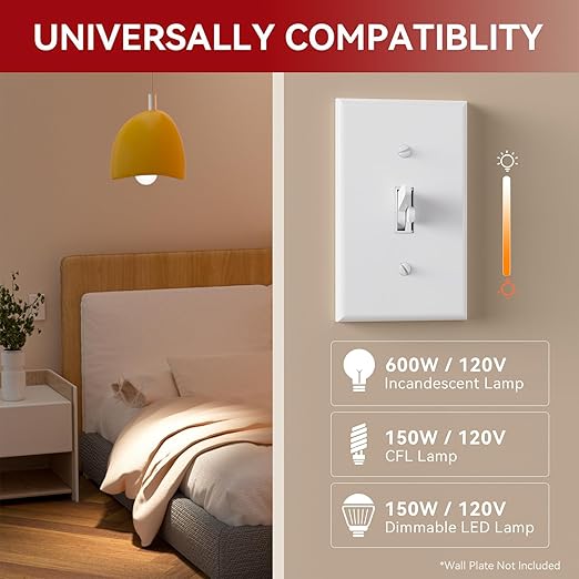 AIDA Toggle Slide Dimmer Switch for Dimmable LED Light/CFL/Incandescent 600 Watt max, Single-Pole or 3-Way, Rocker On/Off Wall Switch with Dimmer Slider, Wall Plate NOT Included, UL, White, 4 Pack