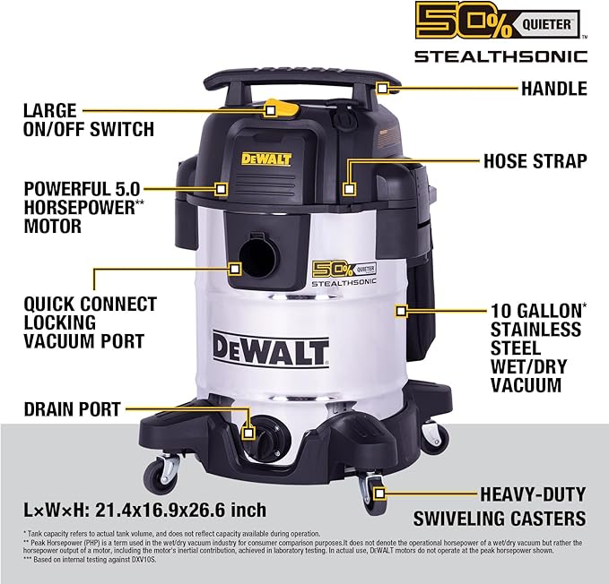 DEWALT 10 Gal Stealthsonic Shop Vacuum Wet and Dry, 5HP Heavy-Duty Stainless Steel Shop Vac, Ultra-Quiet with Complete Accessory Kit & 6 Bonus Dust Bags - Ideal for Job Sites, Workshops & Garages
