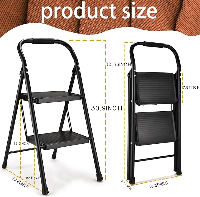 Step Stool for Adults,2 Step Ladder Folding 330lbs Anti Slip Step Stool,Foldable Ergonomic 2 Steel Stool with Wide Pedal for Home, Kitchen, Office (Black)