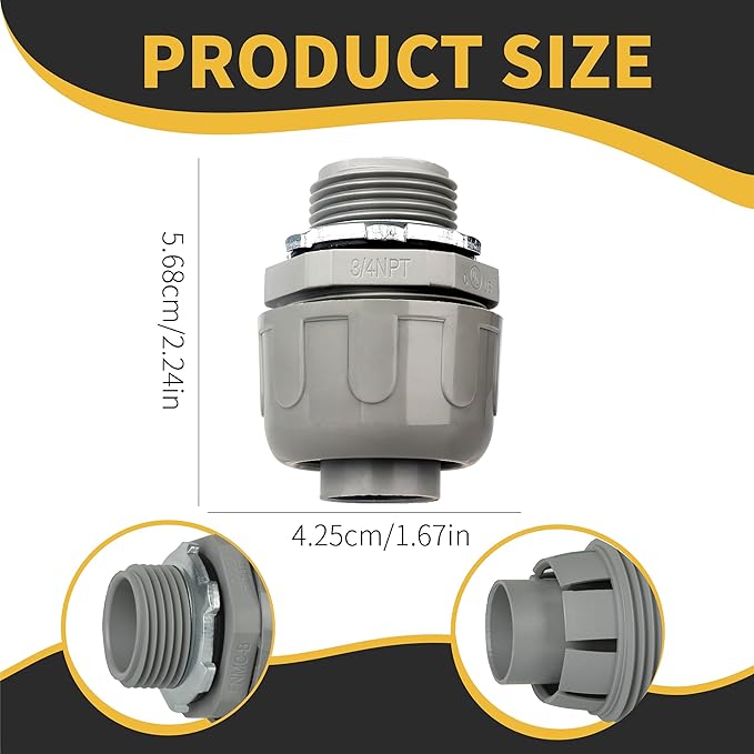 Conduit Connectors, 3/4 Inch Liquid Tight Connector NPT Non-Metallic for PVC Electrical Flexible Conduit Fittings, 180 Degree Straight, UL Listed for Home Outdoor Tubes Tools, Grey (30-Pack)