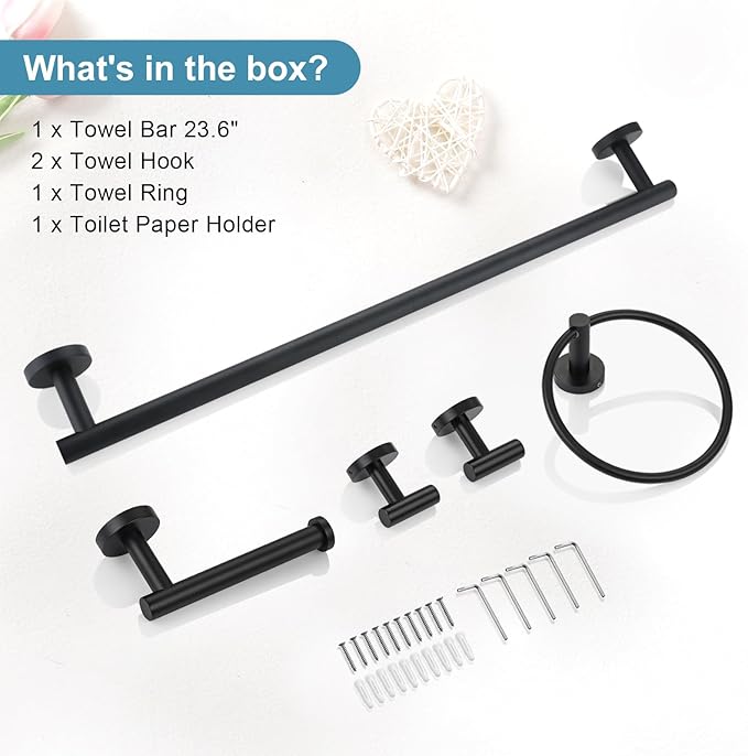 TQKAG Matte Black Bathroom Hardware Set 5 Pieces, SUS304 Stainless Steel Towel Bar Set Round Bathroom Towel Rack Set Wall Mounted