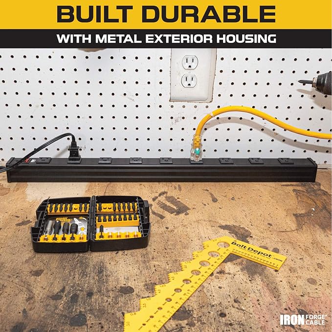 Iron Forge Cable 9 Outlet Heavy Duty Surge Protector Power Strip with Built-in Circuit Breaker, 14/3 SJT Black & Yellow with 9 ft Extension Cord