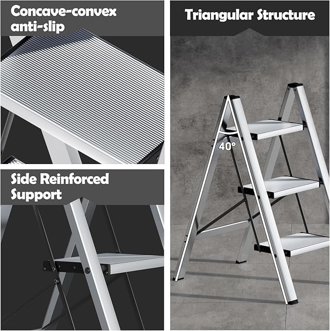 Taranta 3 Step Ladder,Aluminum Lightweight Folding 3 Step Stool with Anti-Slip Wide Pedal,330lbs Capacity Step Ladder for Household,Kitchen,Office - Silver