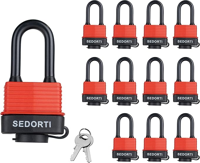 Colored Waterproof Padlocks, Heavy Duty Laminated Steel Lock with Red Plastic Covered, Keyed Alike Outdoor Locks, Can Be Used as Lockout Tagout Lock, Long Padlocks, Pack of 12
