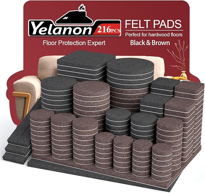 Yelanon Felt Furniture Pads for Hardwood Floors -216 Pcs Premium Felt Pads for Chair Legs, Floor Protectors for Furniture,Black & Brown