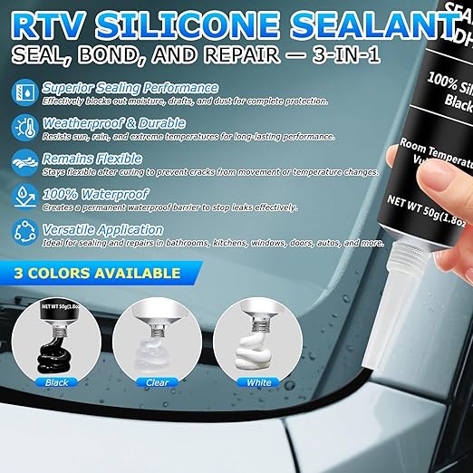Black RTV Silicone Sealant Adhesive, 100% Silicone Caulk, All-Purpose Waterproof Sealant for Car, Window, Bathroom, Kitchen, Shrink & Crack Proof High Bond Strength Adhesive – 1.8oz / 50g