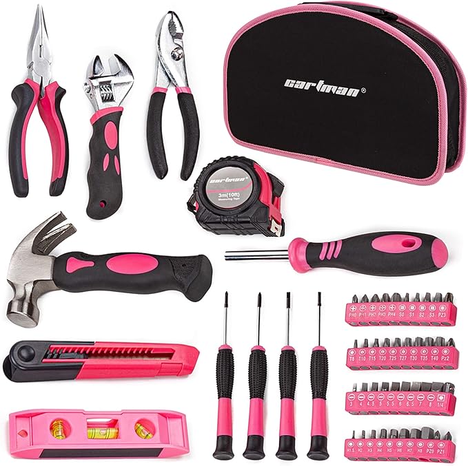 CARTMAN 52 Piece Tool Set Hand Tool Set with Easy Carrying Round Pouch - Perfect for DIY Pink