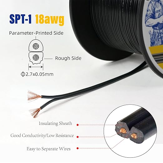 Low Voltage Landscape Lighting Cable 18/2 SPT-1W Bulk Lamp Cord 300-Volt 18-Gauge 250-feet Spool Black UL Listed