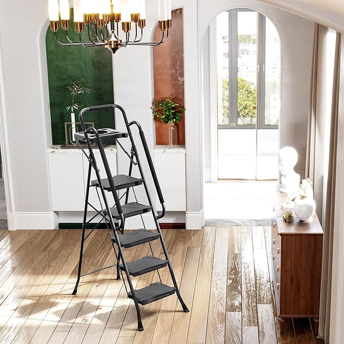 KINGRACK 5 Step Ladder with Tool Platform, 900 lbs Sturdy Step Stool with Handrail, Folding Steel Ladder with Wide Pedal, Safety Ladder for Adults Home Outdoor Painting Garage Office