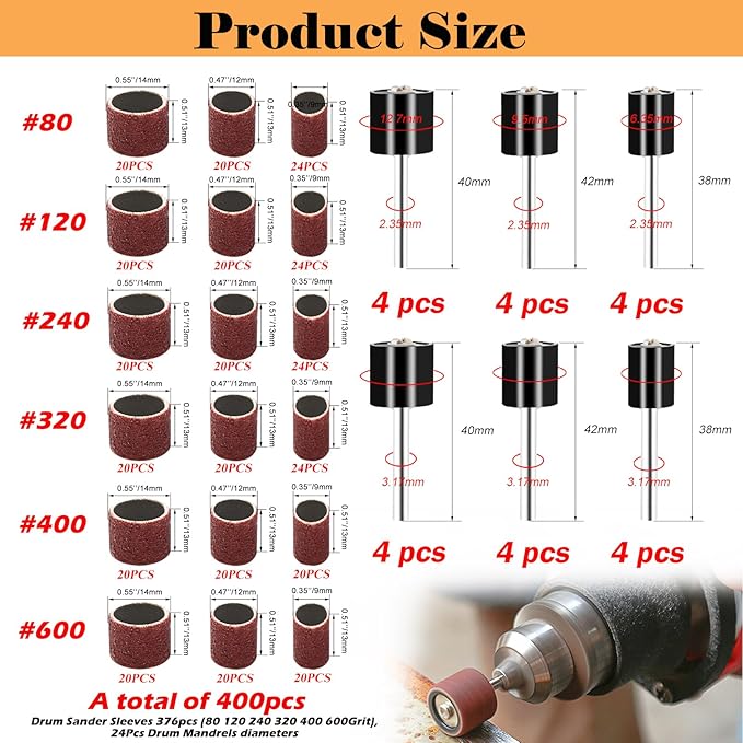 400 Pieces Sanding Drums Kit,Drum Sander Sleeves 376pcs (80 120 240 320 400 600Grit),24Pcs Drum Mandrels diameters,Sanding Bits Tool Accessories for Dremel Rotary Tool