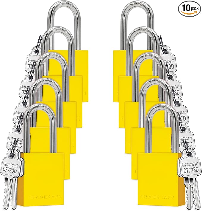 TRADESAFE Lockout Tagout Locks Set - 10 Yellow Aluminum Loto Locks, Keyed Different Lock Out Tag Out Padlocks, 2 Keys Per Lockout Padlock, OSHA Compliant