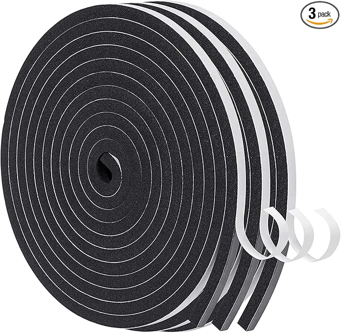 MAGZO Weather Stripping Door Seal, 1/4 Inch Wide X 1/4 Inch Thick Adhesive Foam Tape Soundproof Weatherstripping for Windows, 3 Rolls Total 29.4FT Black