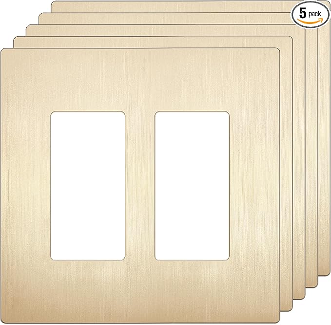 LIDER Matte Finish Double Decorator Switch Cover, Screwless Wall Plate, Mid-Size 2-Gang 4.88" x 4.92", Unbreakable Polycarbonate Thermoplastic, UL Listed, LSWP-32M-BGD5P, Brushed Gold, 5 Pack