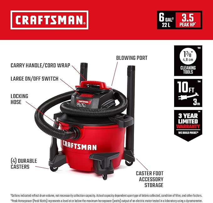 CRAFTSMAN CMXEVBE17584 6 Gallon 3.5 Peak HP Wet/Dry Shop Vac, Portable Shop Vacuum Wet and Dry with Filter, Dust Bag, Hose and Attachments for Home, Garage and Automotive Cleaning